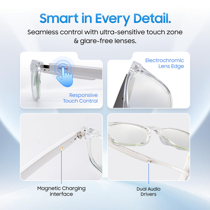 AI Smart Glasses, Translator, Open-Ear Bluetooth Audio, White TR90 Frame | Real-time AI interpreter & translator, open-ear speakers, auto on/off wear sensor, touch control, for men & women