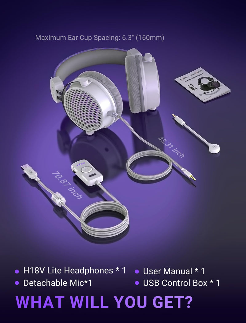 FIFINE H18V LiteWP Wired Open Back Gaming Headset, Expansive Soundstage | 53mm Drivers Bass, 3.5mm/USB Connectivity, Crisp 7.1 Surround, Active Noise Canceling Mic, Spacious Earcups, for PC/Xbox/PS5 White and purple