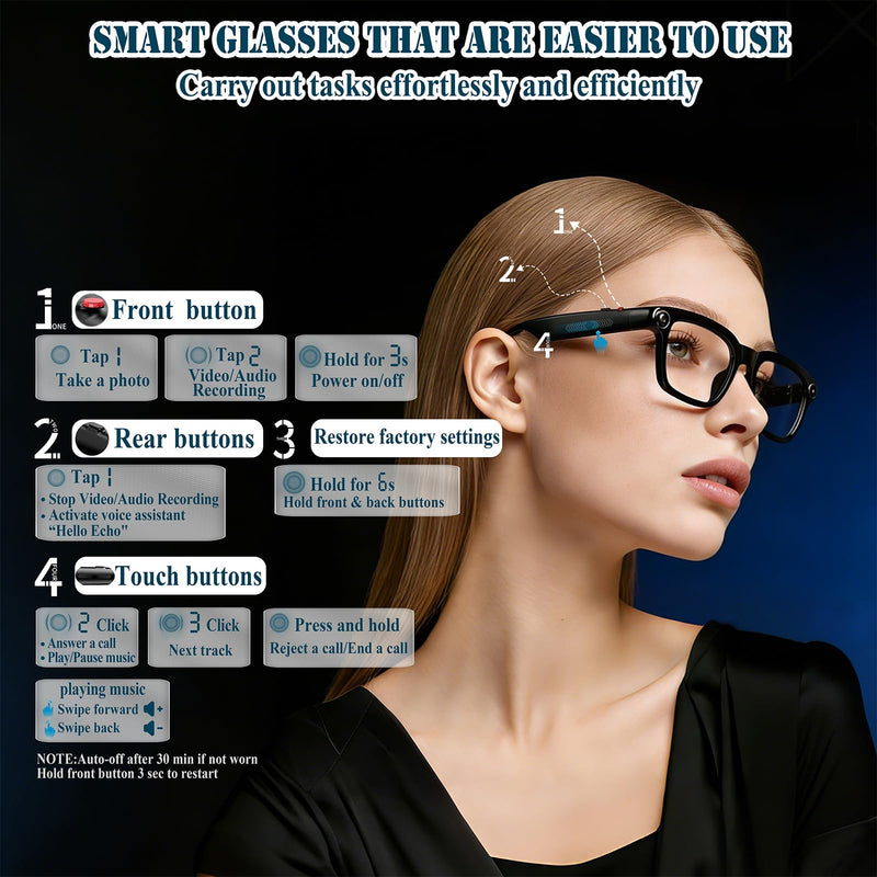 8MP Smart Glasses with Camera, Photochromic AI Glasses for Vlogging | Photochromic lenses, 30+ language translation, voice control, Hi-Fi audio, spring temples, USB-C charging Transparent