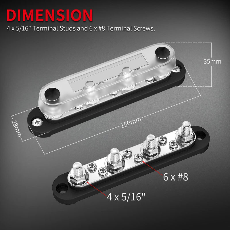 DAIERTEK Bus Bar Terminal Block 4 x 5/16" (M8) Terminal Stud, 6 x #8 (M4) Screw Terminal Positive & Ground Power Distribution Block with Cover Marine Battery Bus Bar 12V - 48V for Automotive Car Boat 150A-M8