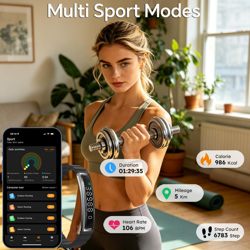 Smart Bracelet Fitness Tracker Heart Rate Monitor Sleep Activity Tracker Step Counter Calories Pedometer Waterproof Slim Thin Health Band for Women Ladies Men, Free App, 2 Bands Black