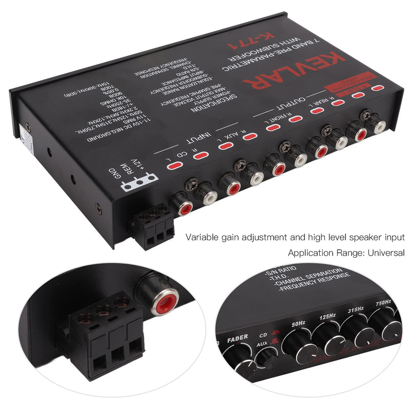 7 Band Car Audio Graphic Equalizer with Low Pass Filter, High Level Inputs, Front Rear Sub Outputs Universal Pre Amp EQ for Car Stereo Systems