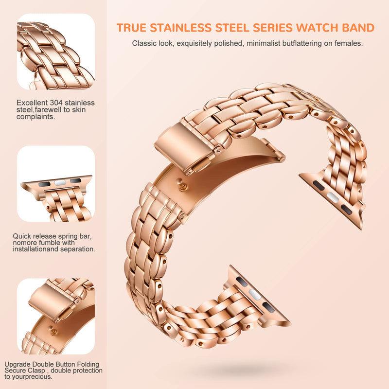 Watch Bands Compatible with Apple Watch Band 38mm 40mm 41mm 42mm 44mm 45mm Iwatch SE Series 8/7/6/5/4/3/2/1 Women Dressy Jewelry Stainless Steel Wristband Chain Strap Link 41mm 40mm 38mm Rose Gold