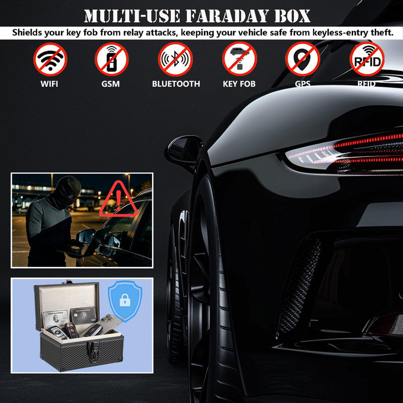 Faraday Box for Car Keys, Large, Carbon Fiber Black | Keyless Entry Signal Blocker, Anti-Theft Protector, RFID Shielding Cage