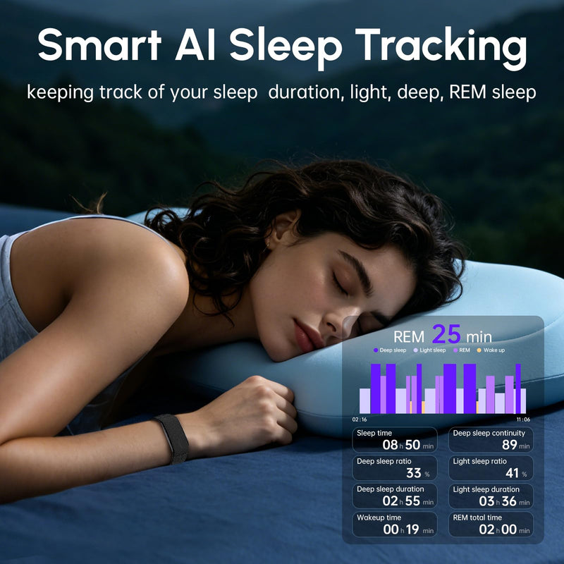 Fitness Smart Bracelet,24/7 Sleep + Health Tracker,170+ Sport Modes | Heart Rate, SpO2, Stress, Step & Calorie Tracker, 30 Days Battery, IP68 Waterproof, Screenless, Smart Wristband, Free App Black