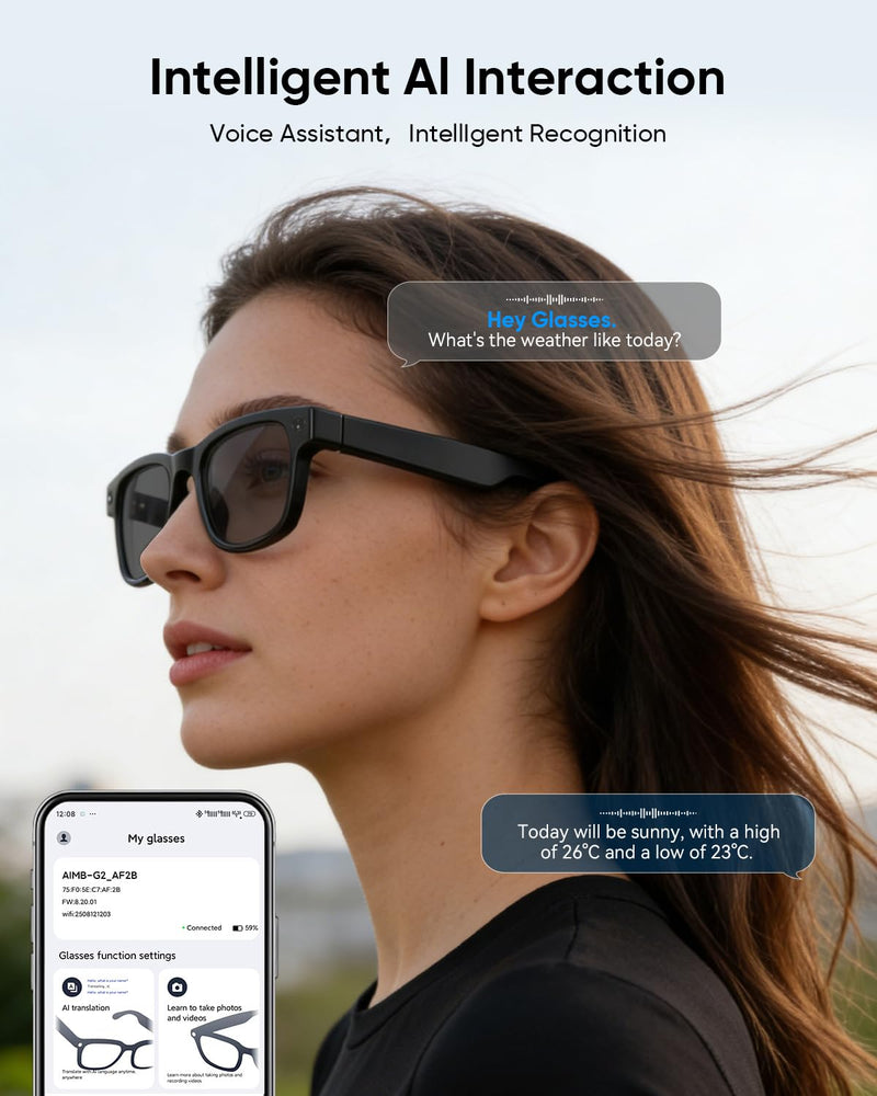 CJkao Smart Glasses with Camera, AI Camera Glasses, Video Recording, Voice Assistant Control Bluetooth Music for Men Women Teenager