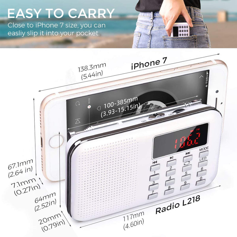 Mini Portable Radio AM FM Pocket Radio with MP3, LED Flashlight, Digital Radio Speaker Support Micro SD/TF Card/USB, Auto Scan Save, 1200mAh Rechargeable Battery Operated, by PRUNUS White