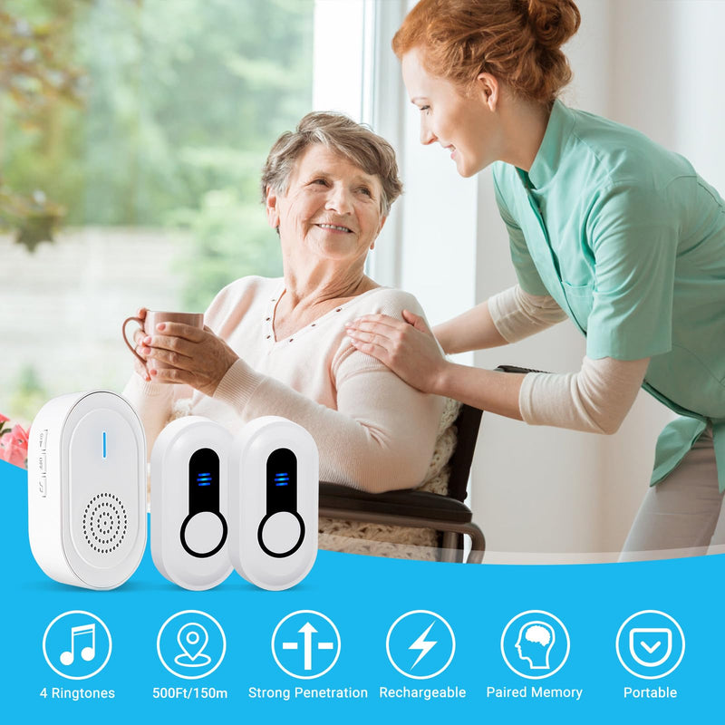 Caregiver Call Button Beeper Pager System Rechargeable & Portable Receiver with 500Ft Range Alert Button Call Bell for Elderly/Patient/Disabled at Home/Hospital/Clinic 2 buttons+1 receivers