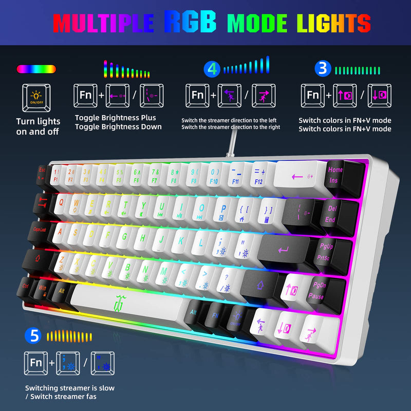 Snpurdiri 60% Gaming Keyboard, RGB Backlit Mini Keyboard,Built-in Steel Plate, Membrane Keyboard but Super Mechanical Feel for Windows PC Gamers(68 Keys,White-Black) White Black