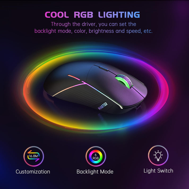 FFJ Wireless Gaming Mouse, 24000 DPI, Tri-Mode 2.4G/USB-C/Bluetooth 5.3 Gaming Mouse Wireless, RGB Programmable Mouse Gamer, 75Hrs Battery Life, Rechargeable Gaming Mice for PC, Mac, PS5, Xbox-Black Black