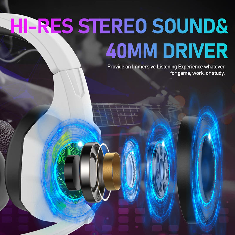 Wired Gaming Headset with Rainbow RGB Backlight Retractable Noise Isolating Microphone Stereo Sound Deep Bass Memory Foam Earmuff Over Ear Headphone for PS4 Xbox One Switch PC Mac Gamer Music (White) White