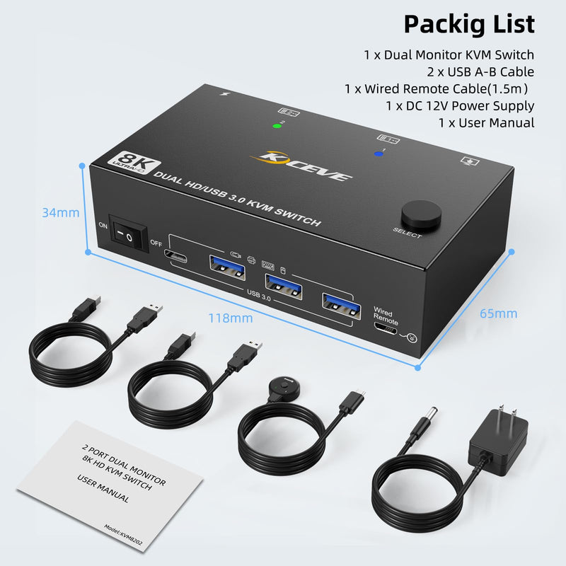 8K KVM Switch 2 Monitors 2 Computers HDMI, KCEVE Dual Monitor KVM Switches, Support 7680x4320@60Hz, 3840x2160@120Hz Resolution for 2 Computers Share Mouse Keyboard and Monitor Black 11.8 cm KVM 2 PC 2 monitor HDMI