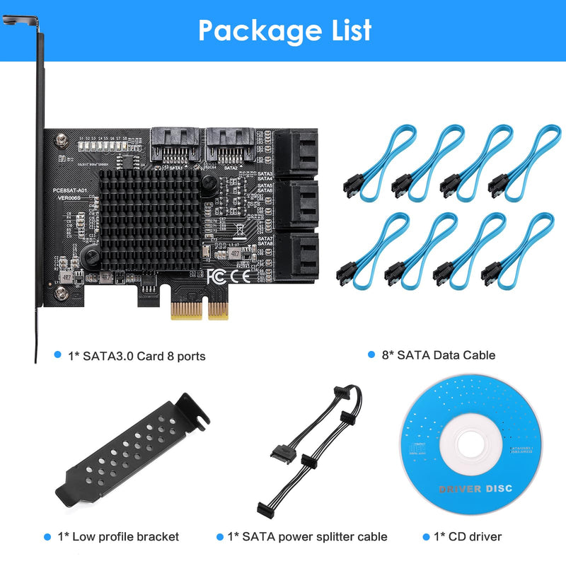 SATA 3.0 Controller Expansion Card, 8-Port PCIE SATA Card, PCI-E X1 3.0 Gen3 (6Gbps) Controller Card for Windows 10/8/Ubuntu (ASM1064 + JMB575)
