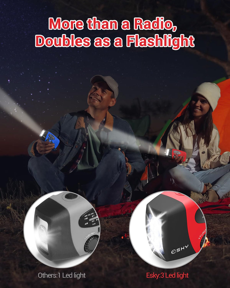 Esky Emergency Hand Crank Radio 7400mWh with 3 LED Flashlight, AM/FM/NOAA Portable Weather Radio with Rechargeable 2000mAh Battery, Solar Powered Radio for Indoor Outdoor Survival Camping, SOS Alarm Red