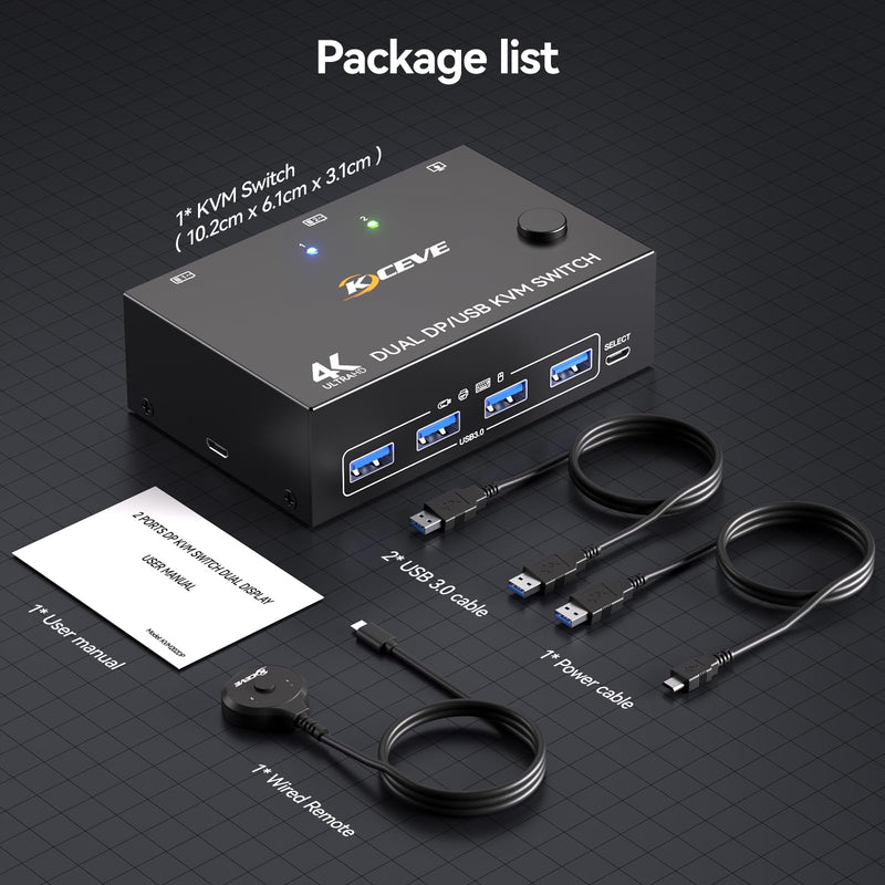 8K Displayport KVM Switch 2 Monitors 2 Computers 8K@30Hz 4K@144Hz,MLEEDA Dual Monitor KVM Switches with 4 USB 3.0 Ports for Keyboard Mouse USB Peripherals,Wired Remote and 2 USB Cables Included black 11 cm DP 2 PC 2 Monitor