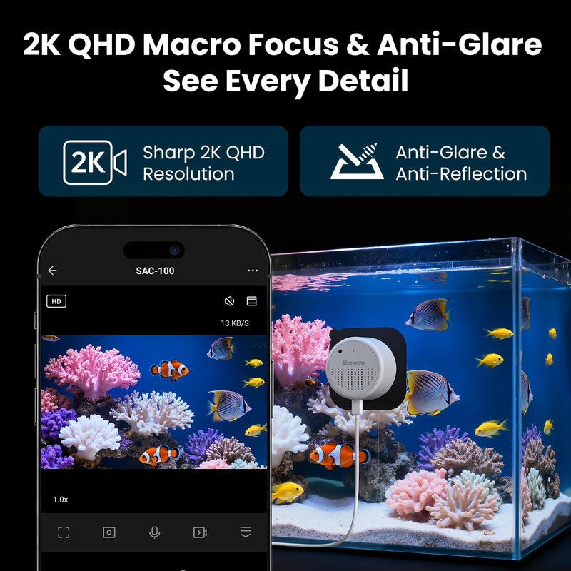 litokam F1.0 Aperture Fish Tank & Reptile Pet Camera.2K 3MP Anti-Glare Aquarium Terrarium Camera with Close-Focus Lens,No Drill Mount