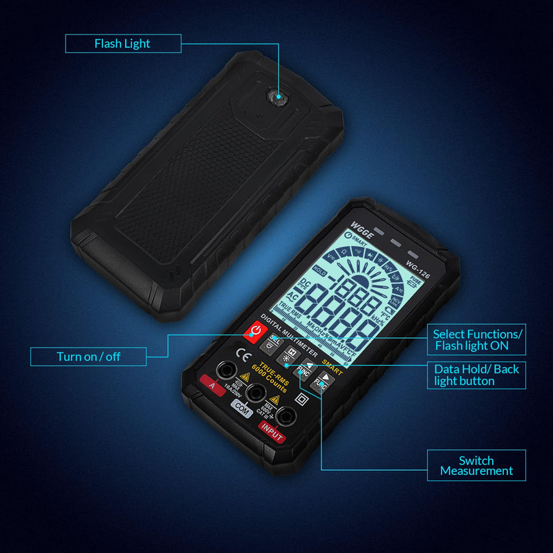 [AUSTRALIA] - WGGE Digital Multimeter Voltmeter Smart Electrical Tester Measures Voltage Current Resistance Continuity Duty-Cycle Capacitance Temperature Frequency Auto Ranging 6000 Counts TRMS 