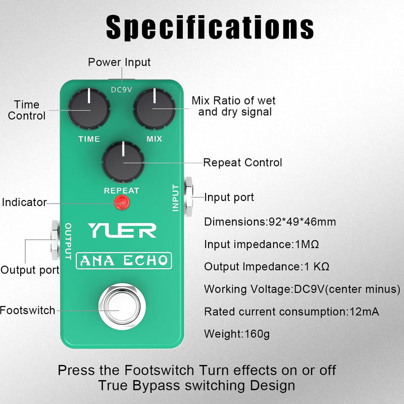 Guitar Delay Pedal, ANA Echo Delay Effect Pedal for Electric Guitar with Footswitch Cap Aluminum Case Delivers Warm, Clean and Smooth Delay Effects - True Bypass RS-10