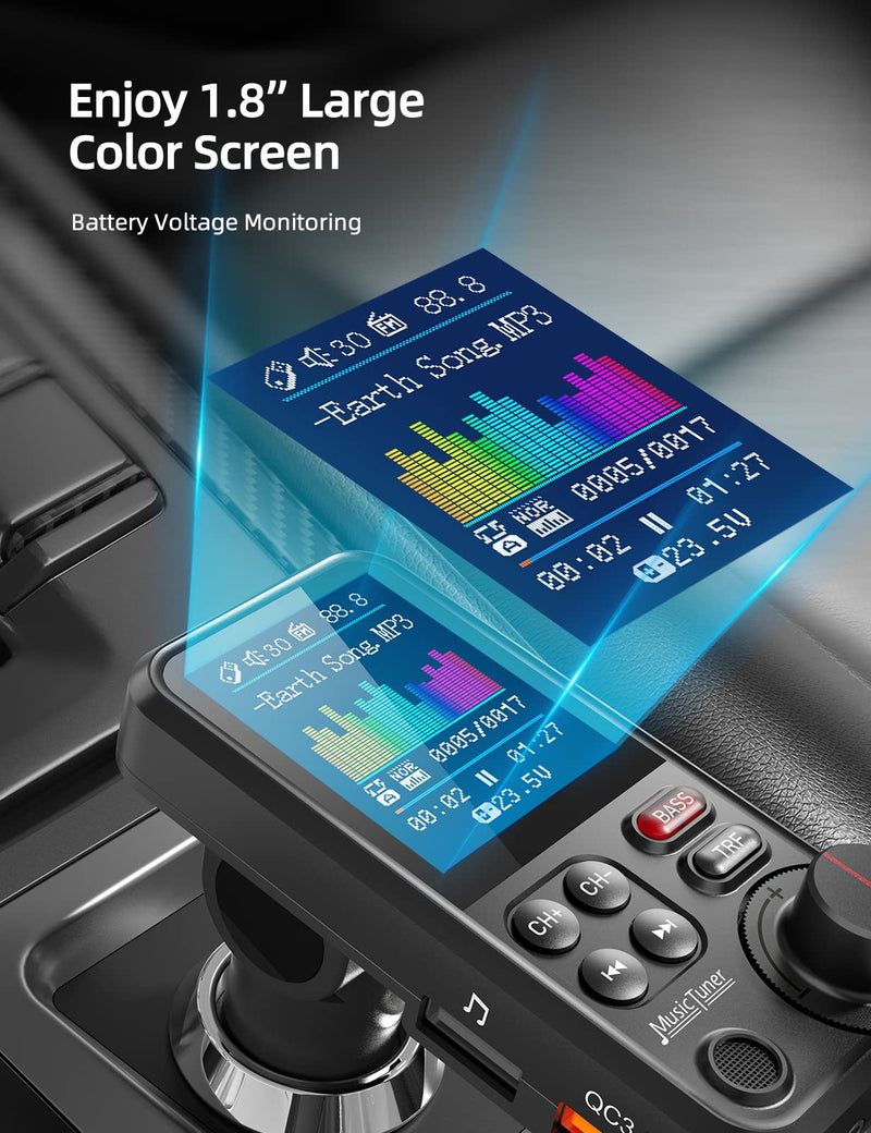 Nulaxy FM Bluetooth Transmitter for Car, Strong Microphone Bluetooth Car Adapter with 1.8" Color Screen for Hands Free Calls, Supports QC3.0 Charging, Treble and Bass Sound Music Player- KM30 Black