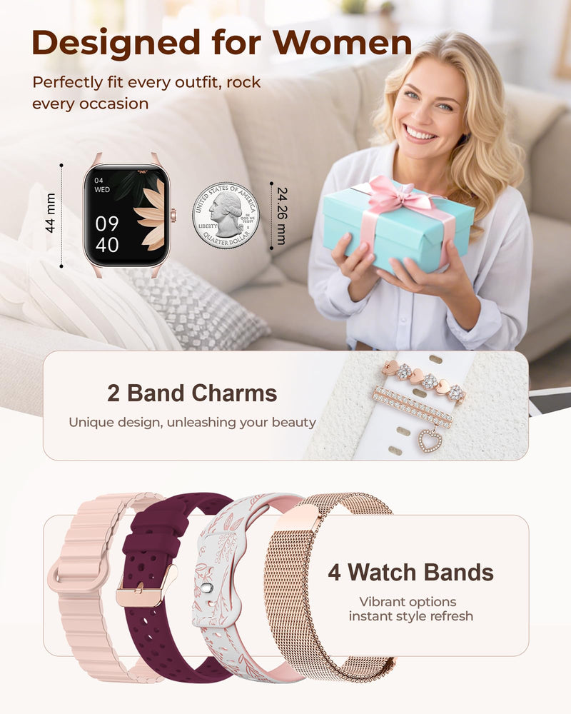 Iaret Smart Watch for Women, 4 Bands 1.85" DIY Dial Smartwatch with Bluetooth Call, Fitness Tracker with 100 Sports Modes Heart Rate Sleep Monitor Pedometer Compatible with iPhone & Android Rose
