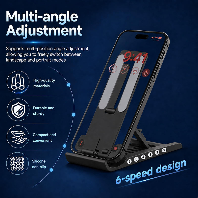 Foldable Adjustable Cell Phone Stand Holder for Desk Desktop Holder Compatible with Most Smartphones and Tablets Black