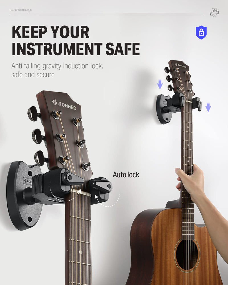 Donner Wall Mount Guitar Black Guitar Wall Mount Automatic Lock Guitar Holder Wall Guitar Hanger for Guitar Bass Banjo Mandolin Pack of 2 2-Pack