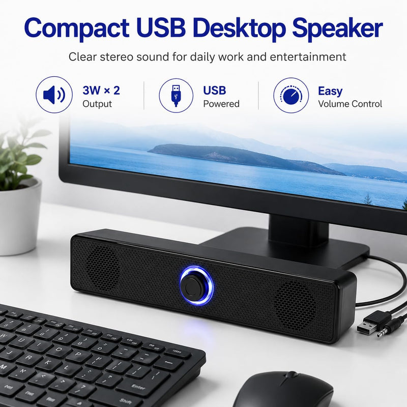 Computer Speakers USB-A Powered Wired Stereo Desktop Speaker,Portable,with 3.5mm AUX, Volume Knob LED Ring for PC Laptop No Bluetooth,Computer accessorie Black