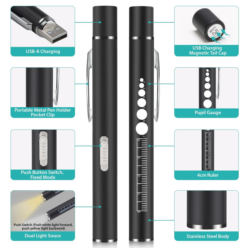 [AUSTRALIA] - Penriter Pupil Light Diagnostic Light with Pupil Meter and Ruler, Black Medical Lamp Pen Light with Warm/Cool White, Rechargeable USB Pen Lamp for Nurses Doctors 
