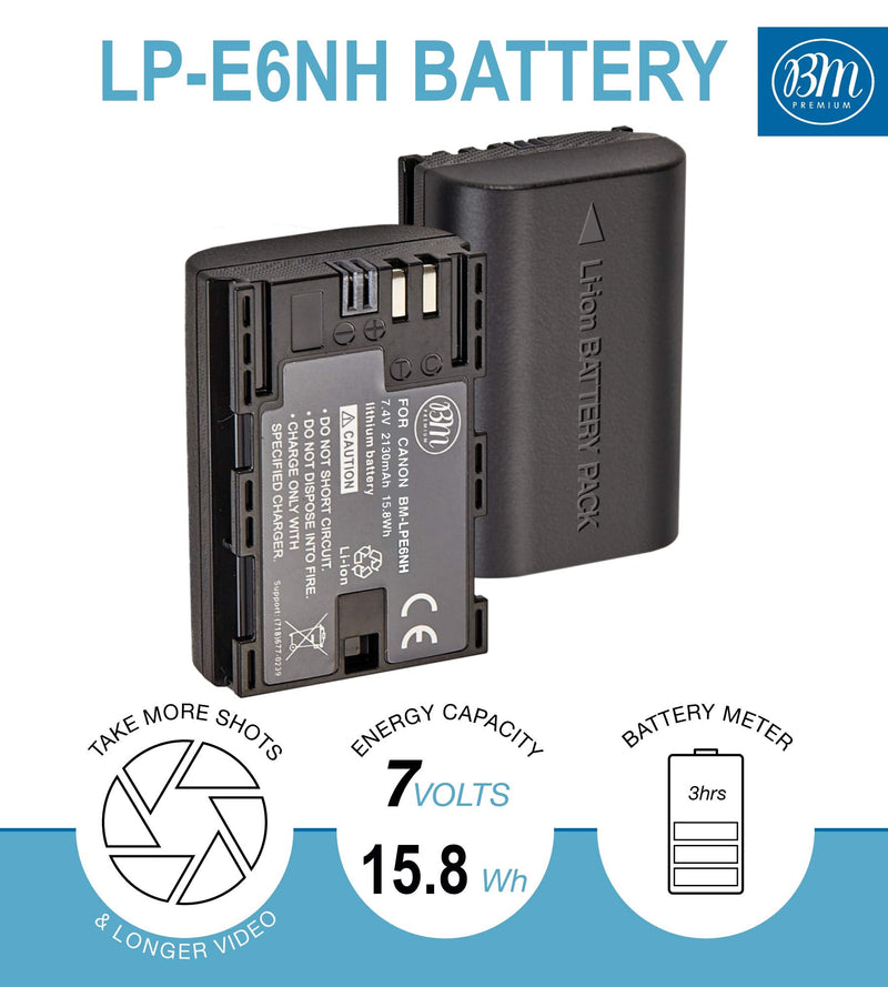 BM Premium 2 Pack of LP-E6NH High Capacity Batteries and Dual Bay Battery Charger for Canon EOS R EOS R5 EOS R6 EOS R6 II EOS R7 EOS 90D EOS 60D EOS 70D EOS 80D EOS 6D II EOS 7D EOS 7D Mark II Cameras