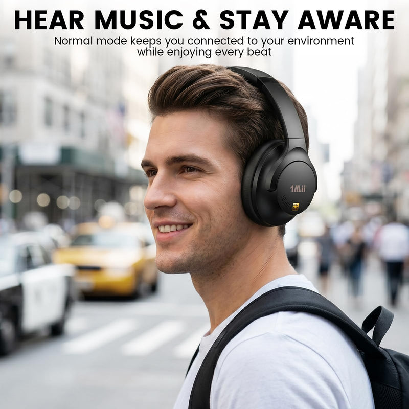 1Mii Y8 Active Noise Cancelling Headphones, Bluetooth 6.0 Headphones Wireless Over Ear, Hi-Res 75H Playtime, Volume Control, AI Voice Chat, Custom EQ via APP Comfort for Airplane & Home Office - Black