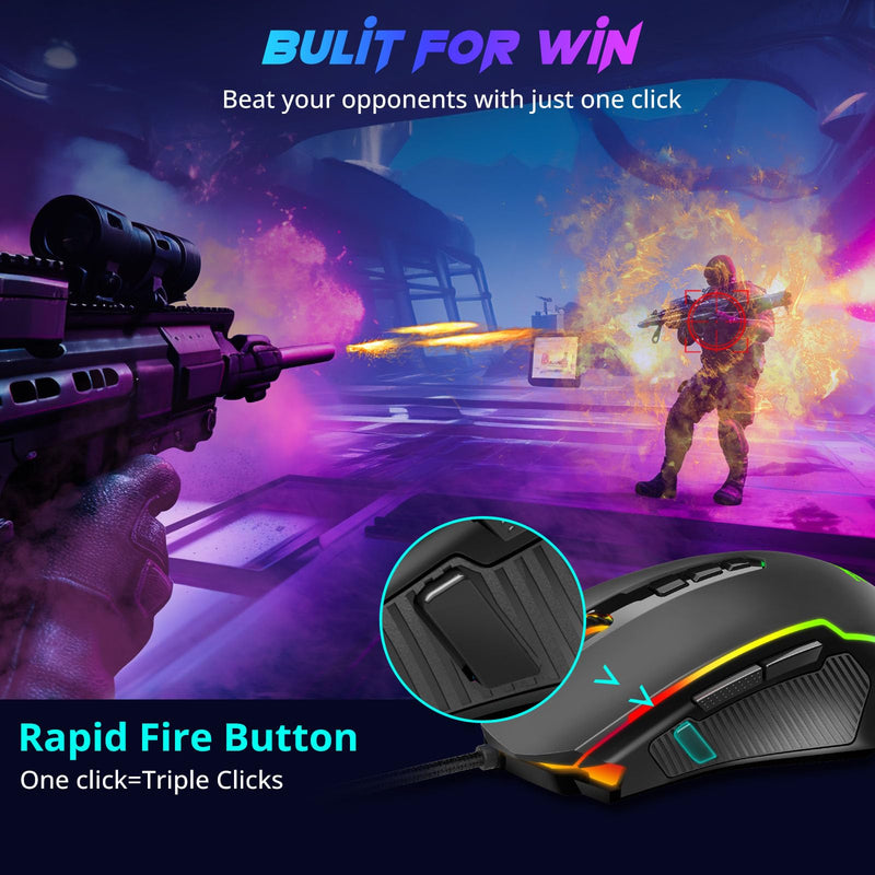 Redragon Gaming Mouse, Wired Gaming Mouse with RGB Backlit, 8000 DPI Adjustable, Mouse with 9 Programmable Macro Buttons & Fire Button, Software Supports DIY Keybinds, M910-K Black