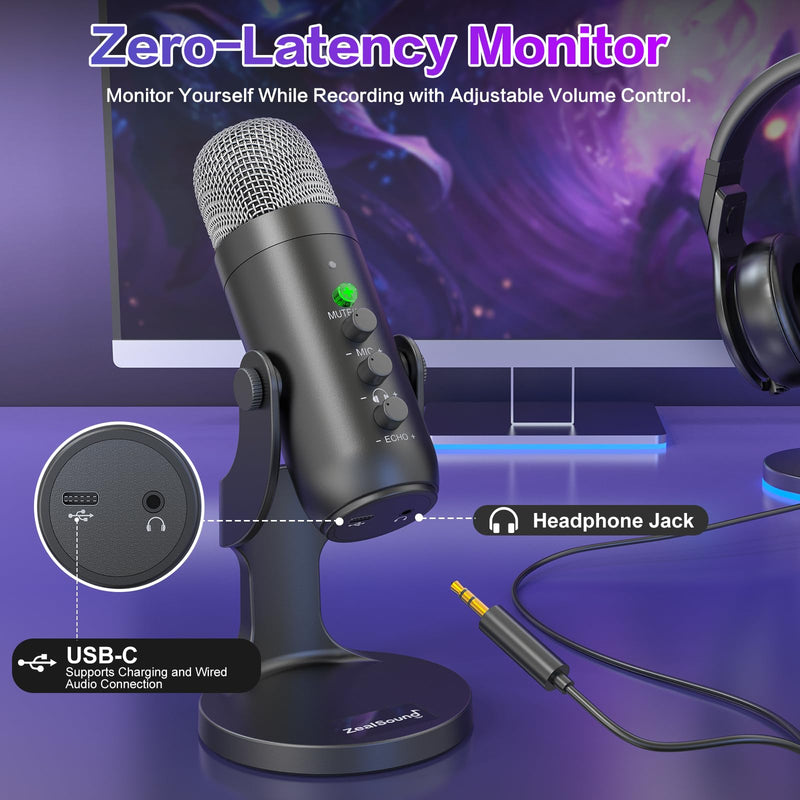 [AUSTRALIA] - ZealSound Wireless Microphone,USB Mic for iPhone PC iPad Android Phone-Cordless Condenser Desktop Microphones with Mute Echo Monitor Volume Gain 2.4GHz for Podcast,ASMR,Gaming,YouTube Video/K66 Black 