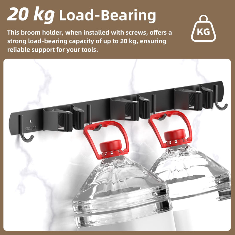 3 Positions Wall Mounted Mop Holder, Robust Stainless Steel Broom Holder, Multifunctional Broom Storage, Mop Holder with Hook, Mop Wall Mount, Device Holder Rail for Kitchen, Bathroom, Garden