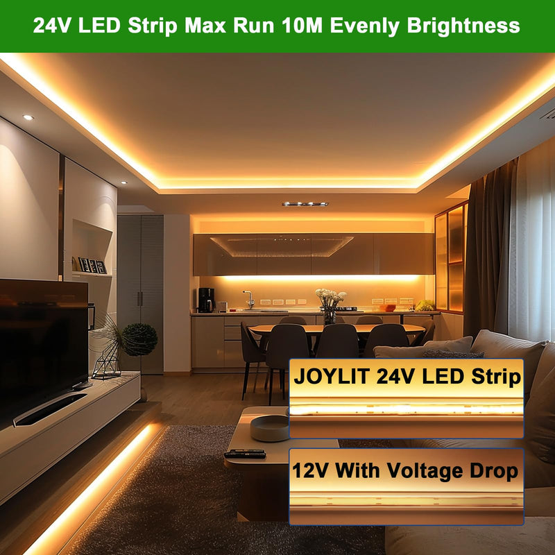 [AUSTRALIA] - JOYLIT 24V 32.8FT/10M COB LED Strip Lights 120° 2700K Warm White Indoor 384LEDs/M High Density 7650LM Super Bright CRI 90+ Dotless Adhesive LED Tape Light for Bedroom, Kitchen, Commercial 32.8FT DC 24V 384LEDs/M 