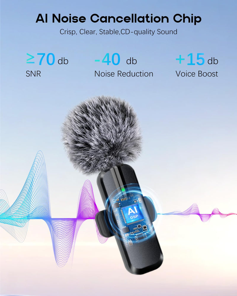 [AUSTRALIA] - Wireless Mini Microphone for iPhone - 2 Pack Lavalier Bluetooth Microphone for Video Recording, 2 in 1 Noise Reduction Lapel Mic for Ipad, Android,Clip-on Mini Mic for Content Creators Podcast Black-(USB-C + Lightning) 