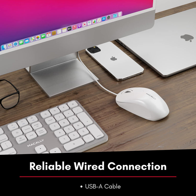 Macally USB Wired Computer Mouse for Mac and PC - Simple, Clean, and Effective - White Wired Mouse with 5ft Cable, 3 Buttons, and 1000 DPI Sensor - Plug and Play Wired Mice for Mac