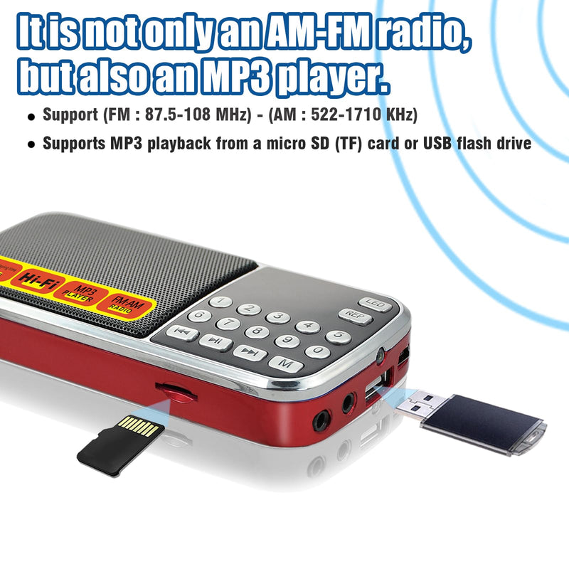 [AUSTRALIA] - Small Radios Portable AM FM:Battery Powered Radio Support USB Flash Disk/Micro SD Card MP3 Playback TF Card Slot Digital Buttons Bass Diaphragm Pocket Radio with Excellent Reception and Sound Quality red 