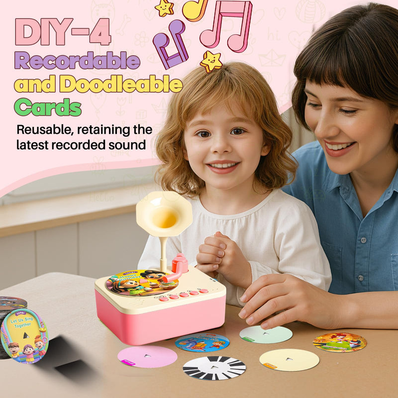 [AUSTRALIA] - Kids Phonograph Toddler Record Player， with 96 Learning Cards, Early Education Machine Record Player Music Box Storyteller pop Speakers, Gift for Boys and Girls Pink 