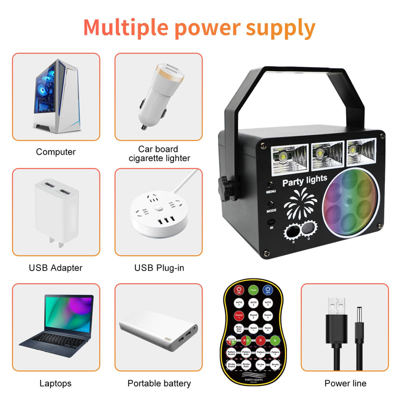 WUZSTAR Stage Lights with Yellow-Green Beam, 3-White Strobe Effects & RGBYW LED Patterns - Sound-Activated Music Sync, Remote Control for DJ Parties, Clubs, Weddings, Home Disco