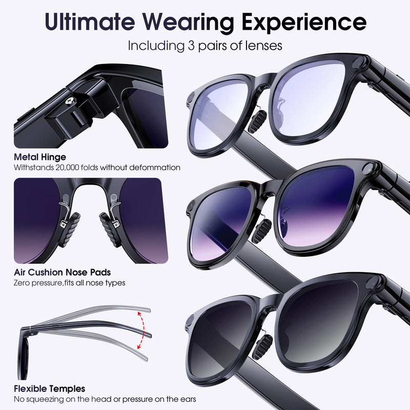 AI Smart Glasses with Camera, 4K Video Recording Camera Glasses for Travel | AI Sunglasses for Women Men, Life Vlog Work, Real-Time Translation, Voice Assistant, Hands-Free Calls, Open-Ear Audio, 3 Lens Lacquer Black