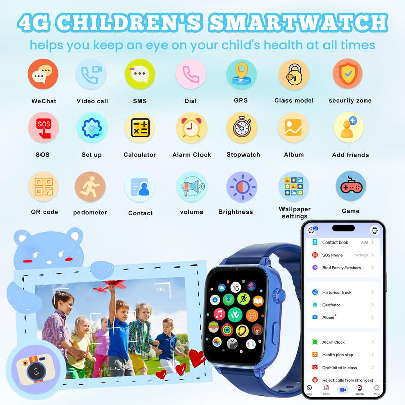 4G Kids Smart Watch for Boys Girls, Kid Watch Phone Ages 4-12 with Call, GPS, SOS, Video Call, Games, Camera, Alarm, Touchscreen Smartwatch for Children Birthday Gift (Includes SIM Card),Navy Blue Navy Blue