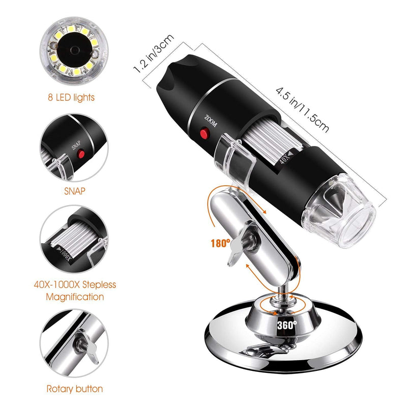 [AUSTRALIA] - USB Digital Microscope 40X to 1000X, 8 LED Magnification Endoscope Camera with Carrying Case & Metal Stand, Compatible for Android Windows 7 8 10 11 Linux Mac (Not for iPhone/iPad) 