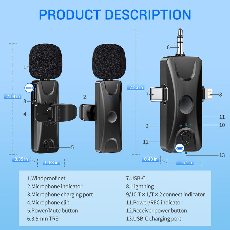Wireless Lavalier Microphone for iPhone Android: Mini Lapel Mic with Intelligent Noise Cancelling, 48kHz/16bit, 100ft Range, for Camera, PC, Laptop, Video Recording, Streaming, Interview, Vlogs