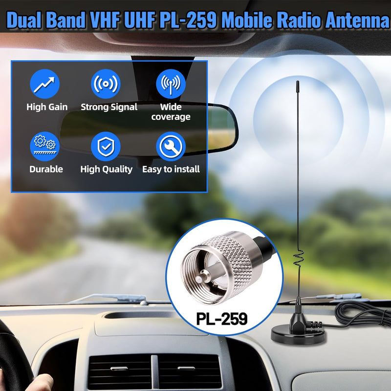 Dual Band Mobile Radio Magnetic Base Heavy Duty Mount Whip Antenna Kit with PL-259 Connector,16.4ft RG58 Cable Compatible for VHF UHF GMRS Car Truck Handheld Ham Radio Two Way Radios Antennas