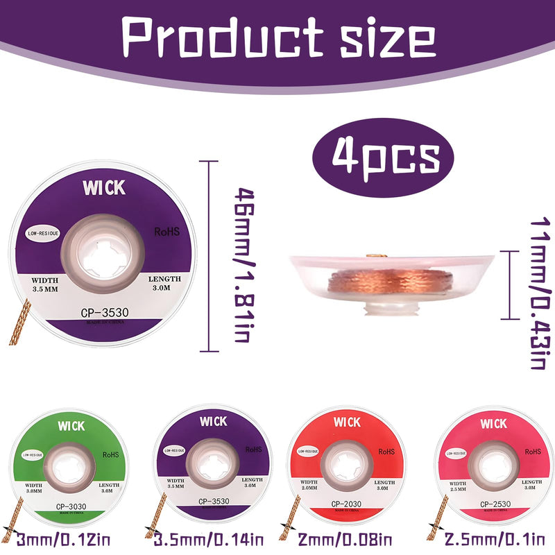 Desoldering Braid, Desoldering Braid Set, Copper Desoldering Wire, High Thermal Conductivity, Soldering Braid, 2 mm, 2.5 mm, 3 mm, 3.5 mm, for Desoldering and Removing Solder at Soldering Points