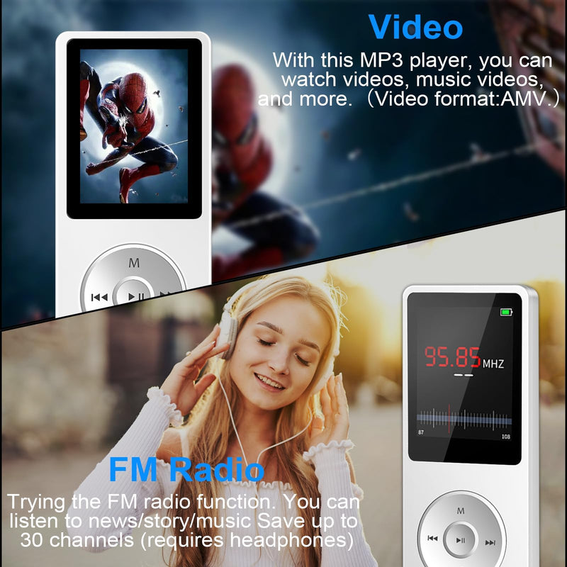 [AUSTRALIA] - Aigital MP3 Player with Bluetooth and 32GB TF Card, HiFi Music Player with Built-in Speaker and Earphones, Multifunctional MP3 Players with FM/Recording/E-Book/Video,Silver White 