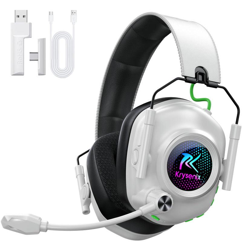 Krysenix 2.4 GHz Wireless Gaming Headset for PC, PS5, PS4, Switch, Mac, Bluetooth 5.4 Gaming Headphones with Noise Canceling Microphone, Cool RGB Lighting, 50Hr Battery, Foldable, 50mm Drivers-White White