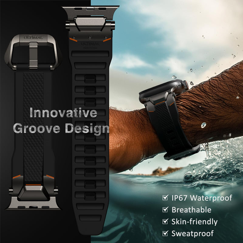 ULTIMAL Rugged Band for Apple Watch Ultra 3/2/1 49mm, Series 11/10/9/8/7/6/5/4 SE 46mm/45mm/44mm, Waterproof, Soft TPU Strap with Stainless Steel Buckle & Connectors, Sweat-Resistant, Easy to Clean, Fits 155-225mm Wrist (Black/Gray) Black/Gray