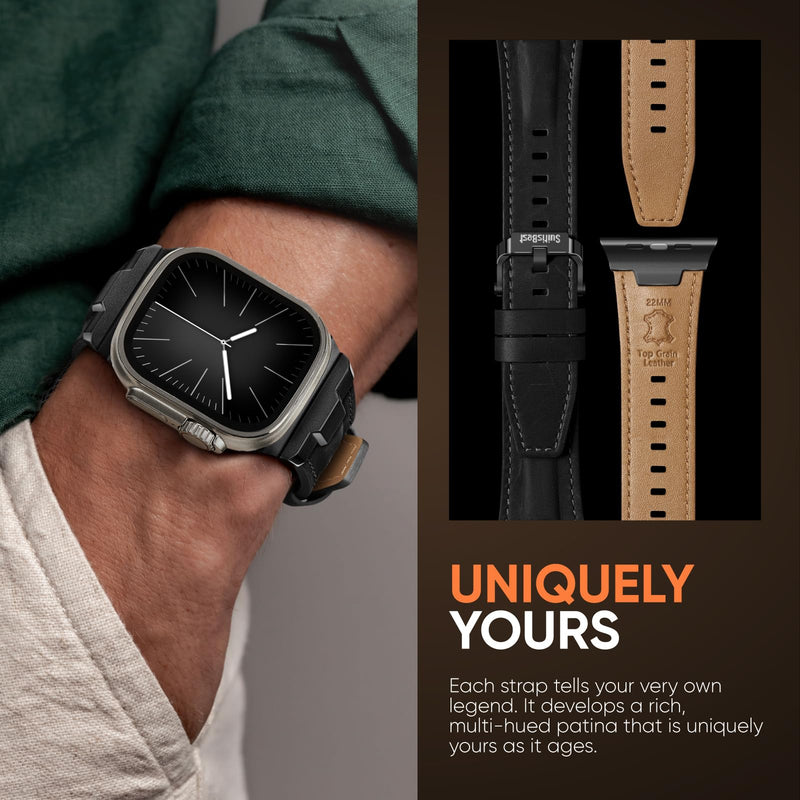 Leather Band for Apple Watch Ultra 2/Apple Watch Ultra Bands 49mm 45mm 44mm and 2 Pack Waterproof Titanium Matel Frame Keep Original Touch Sensitive 9H Tempered Glass Protective Film for iWatch 49mm