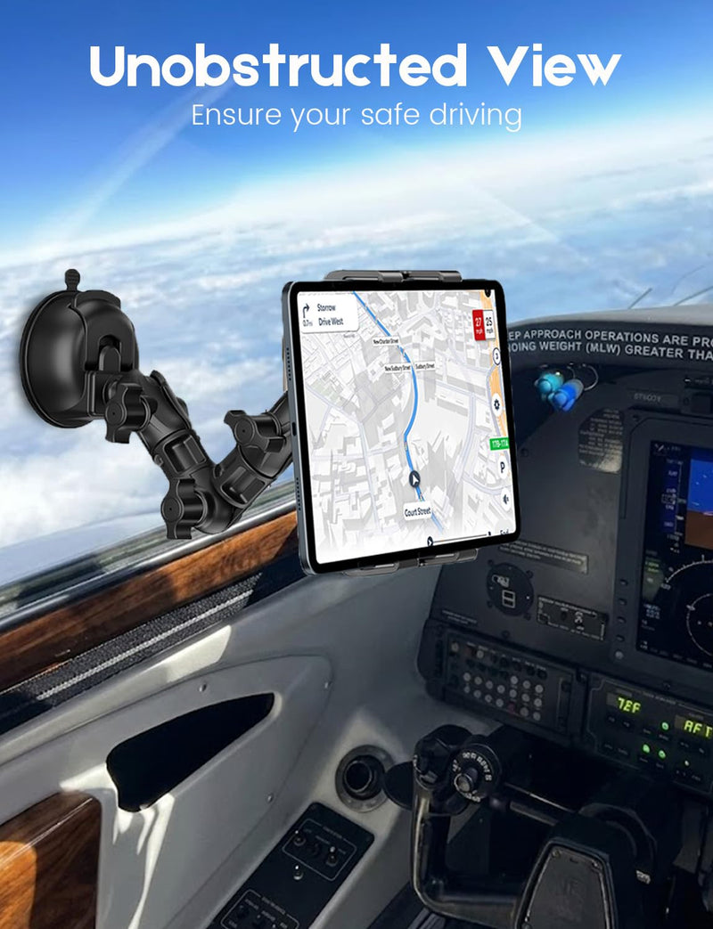 OHLPRO Heavy Duty Tablet Holder for Truck Dashboard & Windshield, 90mm Large Suction Cup Mount, 360° Rotating Long Arm iPad Holder for Aircraft Cockpit, Semi, RV & Boat, Fits 4.7–13" Devices